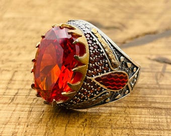 Anillo de piedra roja rubí para hombre: estilo sultán otomano, plata de ley 925