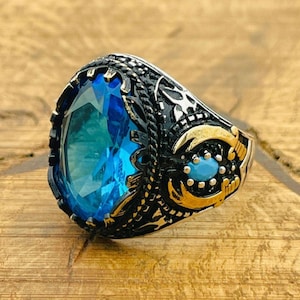 Men&#39;s Aquamarine Stone Ring: Engraved 925 Sterling Silver