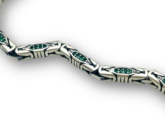 Emerald Decorated Byzantine Sterling Silver Men’s Necklace, Handmade Green Stone Chain, Oxidized 925 Jewelry