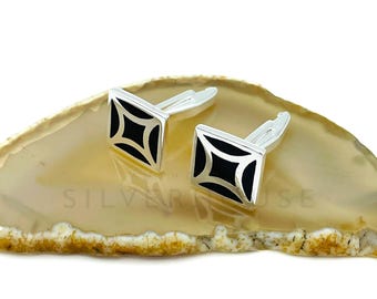 Enamel 925 Sterling Silver Men's Cufflinks for Him, High Polished Groomsmen's Gift
