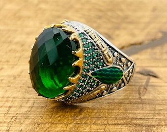 メンズエメラルドリング：ハンドメイド925スターリングシルバー