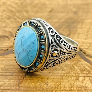 Men Natural Turquoise Ring, 925 Sterling Silver, Turkish Handmade Gemstone Ring, Gift Him, Gift For Father, Birthday Gift Husband, Men Ring