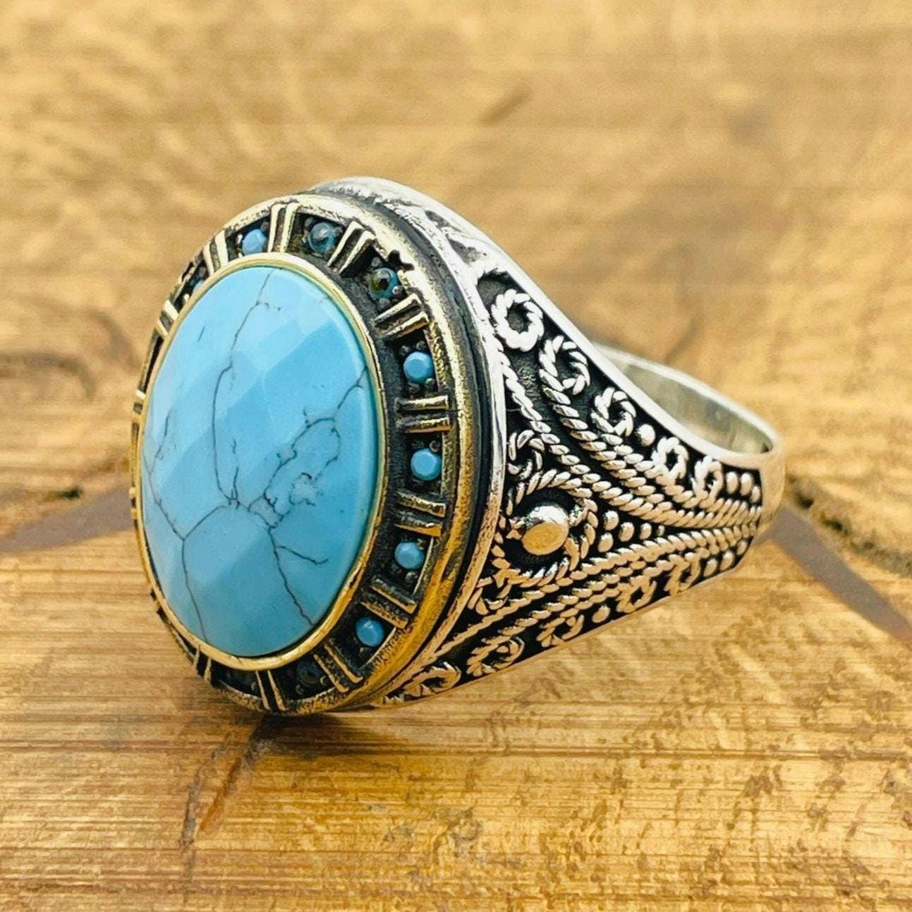 メンズ ターコイズリング：ハンドメイド 925 スターリングシルバー 