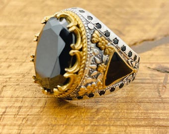 Men's Black Onyx Ring: Turkish Handmade 925 Sterling Silver Ottoman Style