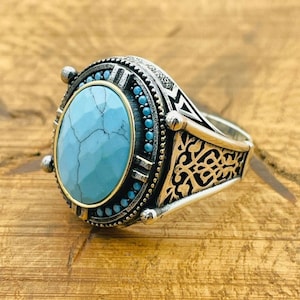 Men&#39;s Turquoise Gemstone Ring: Engraved Ottoman 925 Sterling Silver