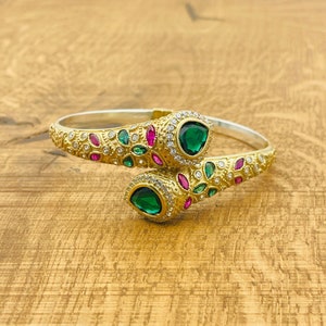 Emerald Sterling Silver Cuff Bracelet - Handmade Adjustable Design