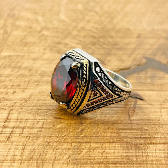 Bague homme pierre rouge rubis, bague style minimaliste, bague