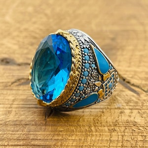 Anel masculino de água-marinha, anel de pedra azul-claro, prata esterlina 925, anel otomano autêntico, presente para ele, presente de aniversário para o pai, presente para o marido