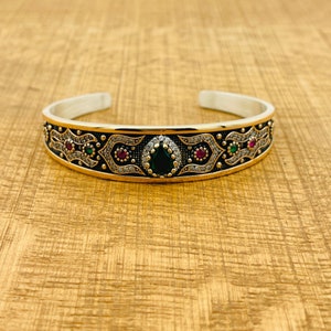 Emerald Stone Cuff Bracelet: 925 Sterling Silver, Handmade