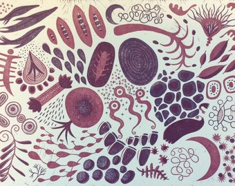 SALE! 12 x 16 Linocut Print "Beginning Place" // primordial / microscopic / pattern / mauve / purple / linoprint / relief print