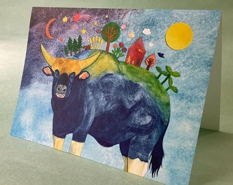 2 CARDS - A047 On the Gayal's Back / 5 x 7 Notecards / new beginnings / abundance / ox / animal card / cosmic card / collage card / papercut