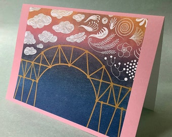 2 CARDS - A046 Premonition of Tomorrow / 5 x 7 Notecards / new beginnings / bridge / linocut / linoprint / bon voyage / bereavement card
