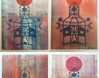 UNIKAT 12 x 16 Linoldruck "Sanctuary" Monoprints // mystische Kunst / Himmelskunst / Sonne Mond Sterne / heilig / Tempel / Reliefdruck
