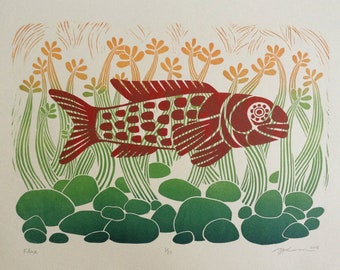 11 x 14 Linocut Print "Flux" // fish art / nature art / seaweed / rocks / scarlet / red / orange / green / linoprint / relief print