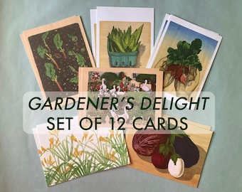 Gardener's Delight - Set of 12 Cards // boxed set cards / vegetable cards / garden cards / gardening cards / gardener gift / radish / okra