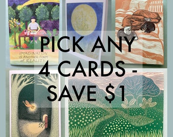 PICK ANY 4 NOTECARDS // 5 x 7 blank notecards - illustration card - card set - greeting cards set - assorted greeting cards - recycled