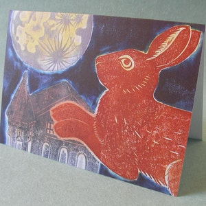 2 CARDS - A020 RABBIT to the MOON / 5 x 7 Notecards / rabbit card / rabbit print / rabbit art / animal card / moon card / moon art / bunny