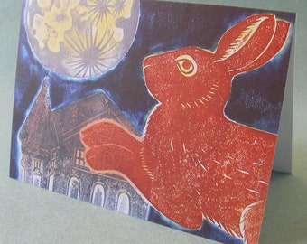 2 CARDS - A020 RABBIT to the MOON / 5 x 7 Notecards / rabbit card / rabbit print / rabbit art / Easter card / moon card / moon art / bunny