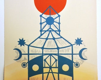 SALE! 12 x 16 Linocut Print "Sanctuary" // mystical art / celestial art / sun moon stars / architecture print / sacred / temple / blue / red