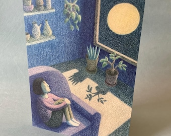 2 CARDS - A055 Moon Gazing / 5 x 7 blank notecard with original illustration