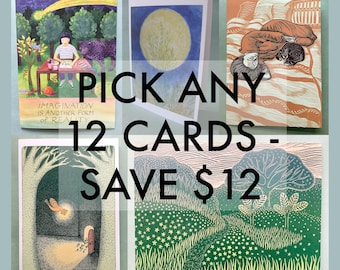 PICK ANY 12 NOTECARDS // 5 x 7 blank recycled illustrated cards