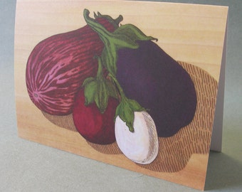 SALE! 2 CARDS - A010 EGGPLANTS / 5 x 7 Notecards / vegetable art / vegetable card / purple / illustration card / thanksgiving card / harvest