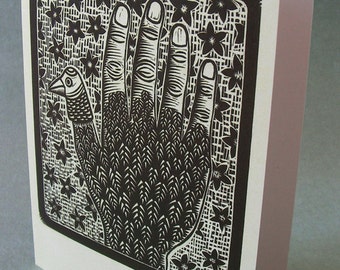 SALE! 2 CARDS - A018 BIRD in Hand / 5 x7 Notecards / bird card / bird art / funny card / folk art / thanksgiving card / linocut