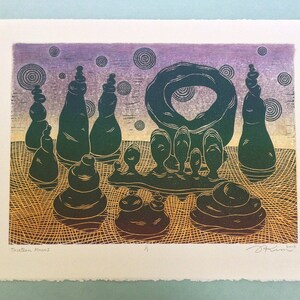 SALE One-of-a-Kind 11 x 14 Linocut Print THIRTEEN MOONS // alien landscape / nature art / linoprint / relief print / rock formations C - Teal/purple