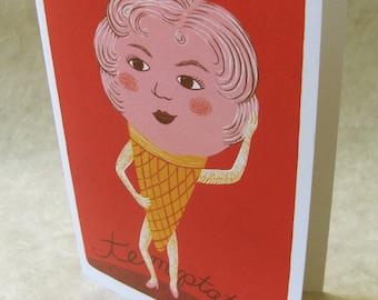 2 CARDS - A031 TEMPTATION / 5 x 7 Notecards / funny card / humorous card / ice cream / foodie gift / cartoon / red / pink / starlet / sexy
