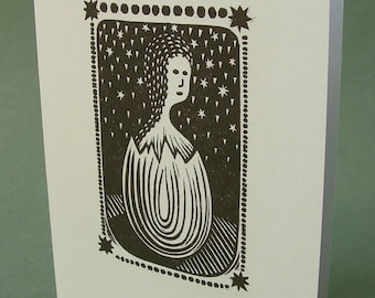 SALE! 2 CARDS - A023 EGGLING Child / 5 x 7 Notecards / linocut card / new beginning / baby shower / nursery art / black and white