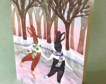 2 CARDS - A042 WINTER DANCE / 5 x 7 Notecards / holiday card / christmas card / winter card / rabbits / snow / bunnies / ice skating