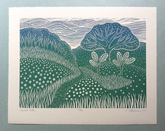 11 x 14 Linocut Print "Secret Path" // landscape art print / nature art / tree / path / pathway / trail / block print / relief print