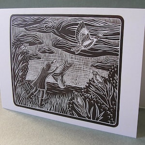 VERKOOP! 2 KAARTEN - A017 I Went Hunting / 5 x 7 Notecards / volkskunst / Linoprint / vogelkaart / vogelkunst / gans / natuurkaart / linosnede
