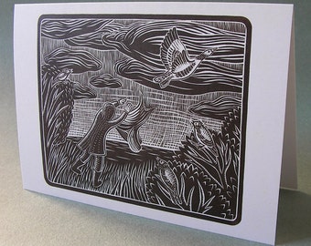 SALE! 2 CARDS - A017 I Went Hunting / 5 x 7 Notecards / folk art / Linoprint / bird card / bird art / goose / nature card / linocut