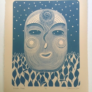 11 x 14 Linocut Print &quot;Wisdom Mask&quot; // portrait / face / snail shell / snake / stars / cornflower blue / linoprint / relief print / block