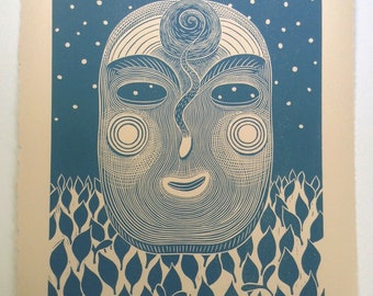 11 x 14 Linocut Print "Wisdom Mask" // portrait / face / snail shell / snake / stars / cornflower blue / linoprint / relief print / block
