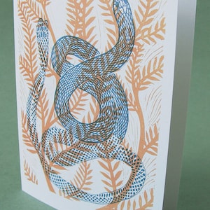 2 CARTÕES - A021 ECDYSIS I / Cartões de nota 5 x 7 / ano da cobra / arte de cobra / cartão de recuperação / cartão de linóleo / impressão da natureza / transição