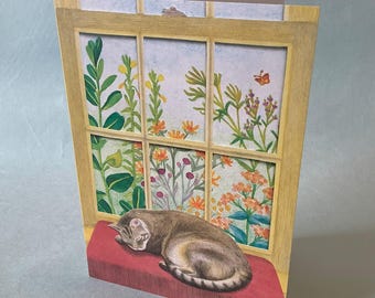 2 CARDS - A054 Garden Dreams / 5 x 7 blank notecards with original cat illustration