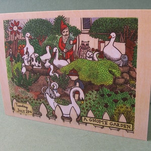 AUSVERKAUF! 2 KARTEN - A003 Gnome GARDEN / 5 x 7 Notizkarten / Illustration Karte / lustige Karte / Kitsch / Gartenkunst / Rasenornament / Frühlingskarte