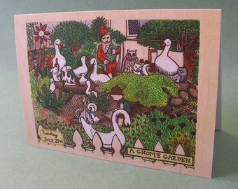 SALE! 2 CARDS - A003 Gnome GARDEN / 5 x 7 Notecards / illustration card / funny card / kitsch / garden art / lawn ornament / spring card