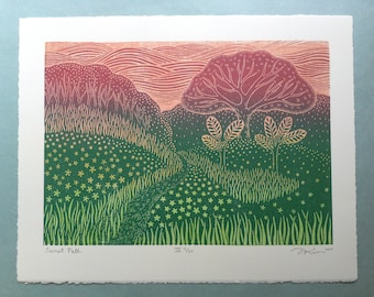 11 x 14 Linocut Print "Secret Path III" // landscape art print / nature art / tree /path art print / trail / block print / linoprint