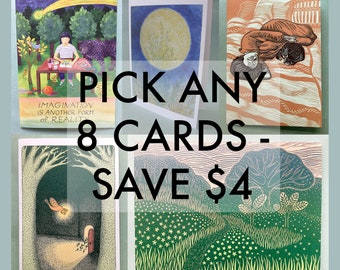 PICK ANY 8 NOTECARDS // 5 x 7 blank notecards - assorted greeting cards - illustration card - greeting card set - linocut cards - painting