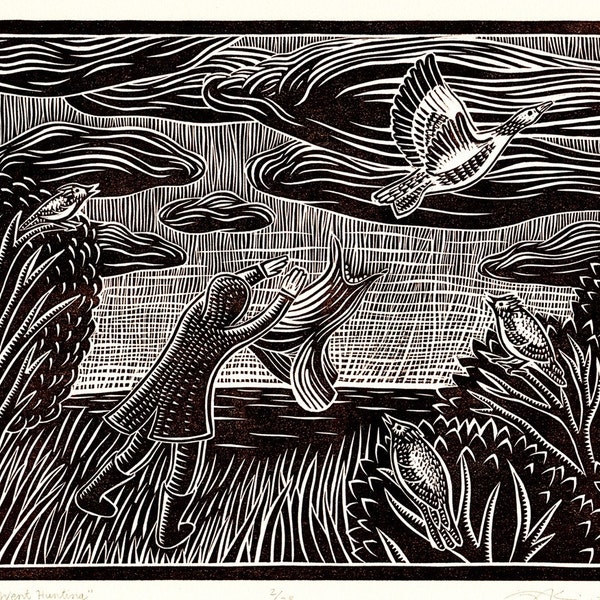 SALE - Was 40, Now 35 -- I Went Hunting - Linocut Print