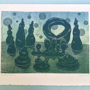 SALE One-of-a-Kind 11 x 14 Linocut Print THIRTEEN MOONS // alien landscape / nature art / linoprint / relief print / rock formations A - Teal and Green