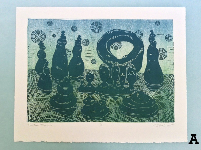 SALE One-of-a-Kind 11 x 14 Linocut Print THIRTEEN MOONS // alien landscape / nature art / linoprint / relief print / rock formations A - Teal and Green