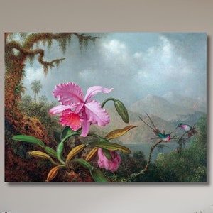 Orchids and Hummingbirds by Martin Johnson Heade Canvas,Gift for Lovers,Bedroom Decor,Christmas Gift,Flower Poster,Home Decor,Modern Art-831