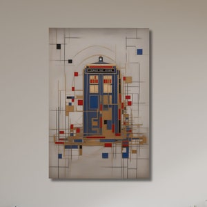 May include: Abstract art print featuring a blue and red TARDIS, a time-traveling police box from the Doctor Who television series, with geometric shapes in gold, red, and blue.