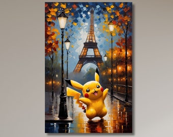 Pikachu Van Gogh Canvas Wall Art,Pikachu Poster,Animal Poster,Gift for Pikachu Fans, Kids Room Decor,Home Decor,Pikachu at the Eifel-167