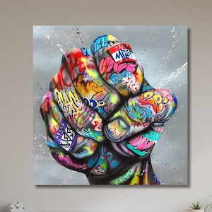 Banksy Art on Canvas, Graffiti Hand Canvas Print, Living Room Decor, Street Graffiti Wall Art, Colorful Canvas Print, Graffiti Wall Art-85