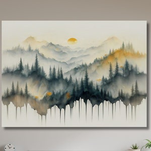 Arte murale su tela con tempo nebbioso, poster del lago, riflessi del lago autunnale, arredamento per la casa in stile fattoria, arte di montagna, pittura ad acquerello, arredamento per il soggiorno-133